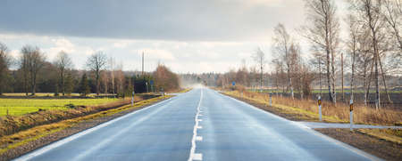An empty asphalt road (highway) through the fields. Electricity power line close-up. Dramatic sky....