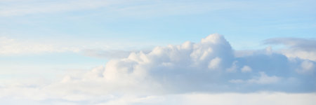 Clear blue sky after the storm. Soft sunlight. Panoramic image, texture, background, graphic resources, design, copy space. Meteorology, heaven, hope, peace conceptの写真素材