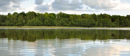 Panoramic view from the shore of a crystal clear forest lake (river). Idyllic summer landscape....