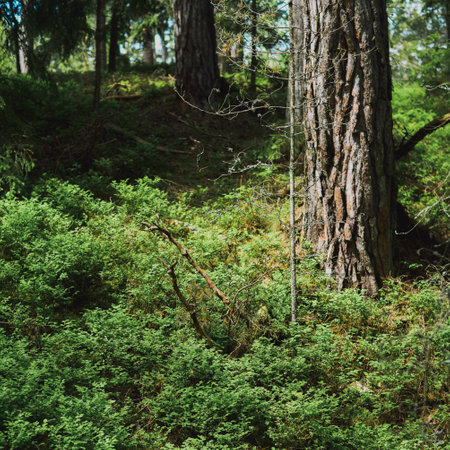Evergreen forest. Mighty pine and deciduous trees, moss, fern, plants. Natural textures. Atmospheric...
