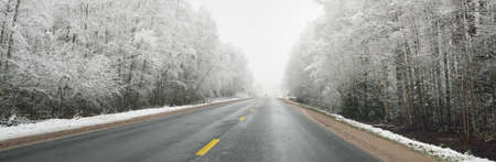 Empty highway (asphalt road) through the snow-covered forest. Canada. Nature, christmas vacations, remote places, winter tires, dangerous driving conceptの写真素材