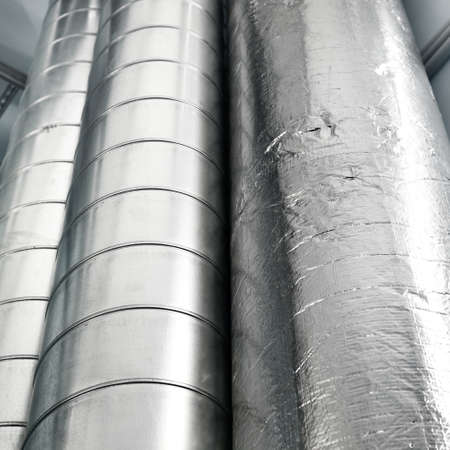 Industrial water treatment and boiler room. Shiny steel metal pipes, piping, connections. Industry, technology, biotechnology, chemistry, heating, work safety, special equipment. Panoramic viewの写真素材