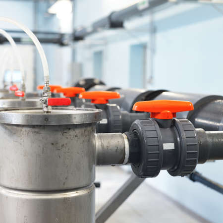 Industrial water treatment and boiler room. Pipes, quality control set. Industry, technology,...