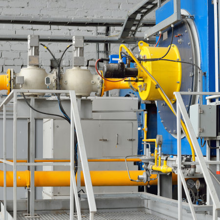 Industrial water treatment and boiler room. Pipes, piping, levers, barometers, connections....