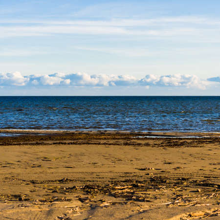 A view of the Baltic sea shore at sunset. Clear sky. Waves and water splashes. Idyllic seascape....