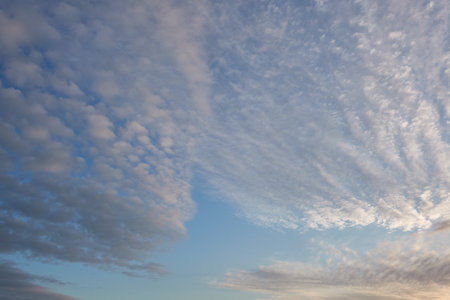 Clear blue sky after the storm. Glowing cirrus clouds. Soft sunset light. Panoramic image, texture,...