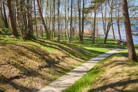 Camping site in a majestic evergreen forest park. Modern wooden walkway to the lake. Spring, early...