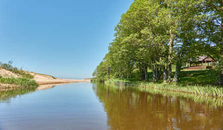 Panoramic view of the forest river on a sunny summer day. Camping site, village. Idyllic landscape. Nature, ecology, eco tourism, ecological resort, boating, fishing, swimming conceptsの写真素材