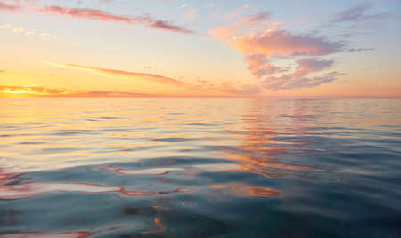Panoramic view from the Baltic sea shore at sunset. Clear sky, glowing clouds, golden sunlight, water surface texture. Nature, environment. Idyllic dreamlike seascapeの写真素材