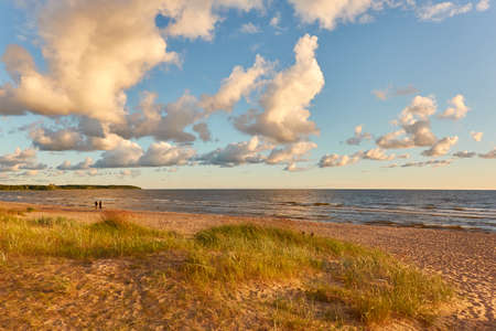 Baltic sea shore. Beach, sand dunes, dune grass. Dramatic sky, glowing sunset clouds. Picturesque panoramic scenery. Nature, environment, eco tourism, hiking, exploring conceptの写真素材