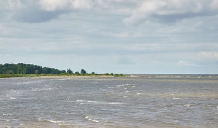 Panoramic view of the Baltic sea from a sandy shore on a sunny summer day. Clouds. Forest in the background. Kabli beach, Estonia. Nature, eco tourism, wanderlust, vacation conceptsの写真素材