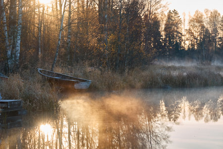 Wooden rowing boat anchored to the forest lakeshore. Sunrise. Pure sunlight, fog, frost. Finland. Idyllic landscape, rural scene. Autumn, early winter. Nature, seasons, eco tourism, fishing themesの写真素材