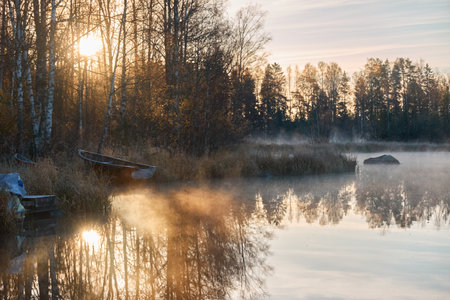 Wooden rowing boat anchored to the forest lakeshore. Sunrise. Pure sunlight, fog, frost. Finland. Idyllic landscape, rural scene. Autumn, early winter. Nature, seasons, eco tourism, fishing themesの写真素材