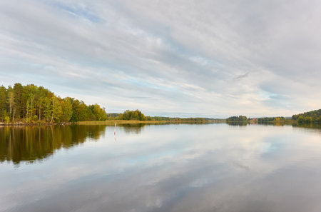 Majestic evergreen forest and Suiro lake (Kulovesi). Finland. Scandinavia, Europe. Reflections in a still water, clear sky. Autumn landscape. Nature, seasons, ecotourism, peace and harmony conceptsの写真素材