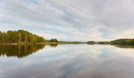 Majestic evergreen forest and Suiro lake (Kulovesi). Finland. Scandinavia, Europe. Reflections in a still water, clear sky. Autumn landscape. Nature, seasons, ecotourism, peace and harmony conceptsの写真素材