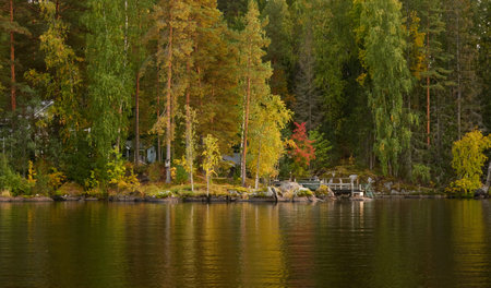 Majestic evergreen forest and lake at sunset. Wooden pier. Autumn. Suiro lake (Kulovesi), Finland. Panoramic view. Pure nature, ecotourism, fishing, swimming, hiking, remote places conceptsの写真素材