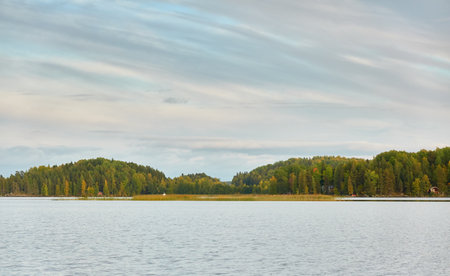 Majestic evergreen forest and Suiro lake (Kulovesi). Finland. Scandinavia, Europe. Reflections in a still water, clear sky. Autumn landscape. Nature, seasons, ecotourism, peace and harmony conceptsの写真素材