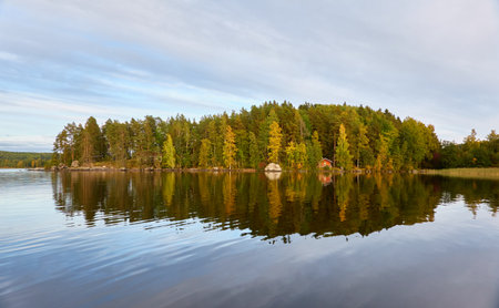 Majestic evergreen forest and Suiro lake (Kulovesi). Finland. Scandinavia, Europe. Reflections in a still water, clear sky. Autumn landscape. Nature, seasons, ecotourism, peace and harmony conceptsの写真素材
