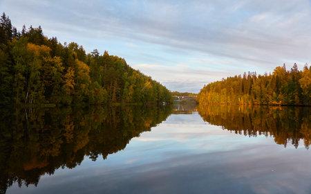 Forest lake at sunset. View from the boat. Suiro lake (Kulovesi), Finland. Soft sunlight, golden hour. Early autumn. Nature, eco tourism, vacations, fishing and boatingの写真素材