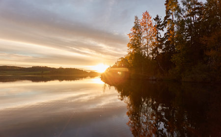 Majestic evergreen forest and lake at sunset. Soft golden sunlight, clear sky, glowing clouds.. Autumn. Suiro lake (Kulovesi), Finland. Panoramic view. Pure nature, ecotourism conceptsの写真素材