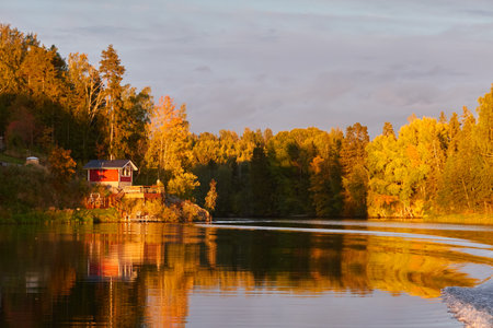 Small wooden house. Majestic evergreen forest and lake at sunset. Autumn. Suiro lake (Kulovesi), Finland. Panoramic view. Pure nature, ecotourism, remote places conceptsの写真素材