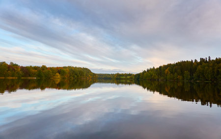 Majestic evergreen forest and Suiro lake (Kulovesi). Finland. Scandinavia, Europe. Reflections in a still water, clear sky. Autumn landscape. Nature, seasons, ecotourism, peace and harmony conceptsの写真素材