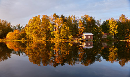 Small wooden house. Majestic evergreen forest and lake at sunset. Autumn. Suiro lake (Kulovesi), Finland. Panoramic view. Pure nature, ecotourism, remote places conceptsの写真素材