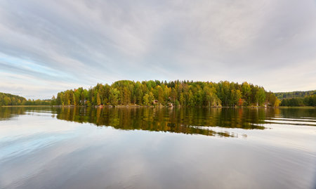 Majestic evergreen forest and Suiro lake (Kulovesi). Finland. Scandinavia, Europe. Reflections in a still water, clear sky. Autumn landscape. Nature, seasons, ecotourism, peace and harmony conceptsの写真素材