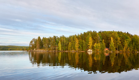 Majestic evergreen forest and Suiro lake (Kulovesi). Finland. Scandinavia, Europe. Reflections in a still water, clear sky. Autumn landscape. Nature, seasons, ecotourism, peace and harmony conceptsの写真素材