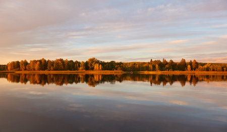 Majestic evergreen forest and lake at sunset. Soft golden sunlight, clear sky, glowing clouds.. Autumn. Suiro lake (Kulovesi), Finland. Panoramic view. Pure nature, ecotourism conceptsの写真素材