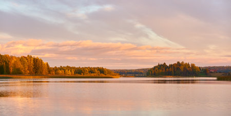 Majestic evergreen forest and lake at sunset. Soft golden sunlight, clear sky, glowing clouds.. Autumn. Suiro lake (Kulovesi), Finland. Panoramic view. Pure nature, ecotourism conceptsの写真素材