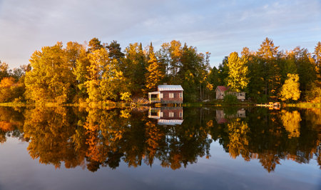 Small wooden house. Majestic evergreen forest and lake at sunset. Autumn. Suiro lake (Kulovesi), Finland. Panoramic view. Pure nature, ecotourism, remote places conceptsの写真素材
