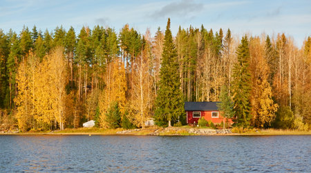 Rocky lake shore on a sunny day. Wooden house. Stones, forest, mighty pine and birch trees. Autumn landscape. Finland, Finnish nature. Ecology, fresh air, ecotourism, countryside life themesの写真素材