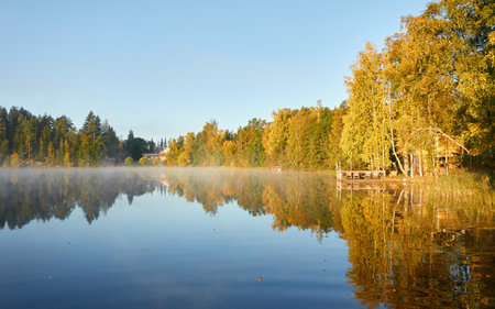 Forest lake in a morning fog. Clear blue sky, sunshine. Finland. Scandinavia, Europe. Autumn landscape. Nature, seasons, ecotourism, peace and harmony conceptsの写真素材