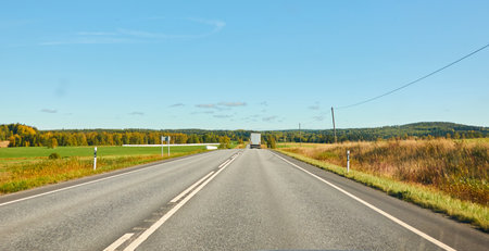 Empty asphalt road (highway) through the field and forest. Concept autumn landscape. Transportation, logistics, freedom, travel, tourism, wanderlust, the way forward themesの写真素材