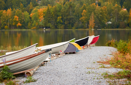 Small fishing rowing boats moored to a pier in a camping site. Colorful boats for rent. Forest in the background. Finland. Nature, vacations, recreation, ecotourism, lifestyle conceptsの写真素材