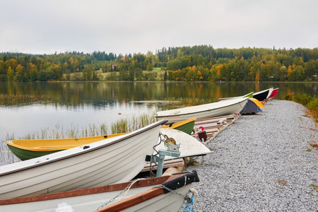 Small fishing rowing boats moored to a pier in a camping site. Colorful boats for rent. Forest in the background. Finland. Nature, vacations, recreation, ecotourism, lifestyle conceptsの写真素材