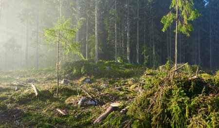 Evergreen pine forest meadow in a fog at sunrise. Trees, stones, plants. Soft sunlight. Atmospheric autumn landscape. Finland. Nature, deforestation and reforestation, wildfire, ecology themesの写真素材
