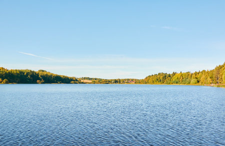 Forest lake on a sunny day. Finland. Scandinavia, Europe. Clear sky, glowing clouds. Autumn landscape. Nature, seasons, ecotourism, peace and harmony conceptsの写真素材