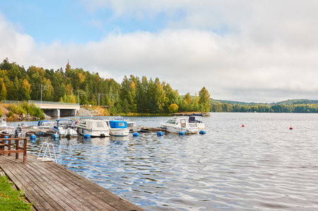 Motor boats, cutters and small fishing rowing boats moored to a pier in a camping site. Forest in the background. Finland. Nature, vacations, recreation, ecotourism, lifestyle conceptsの写真素材