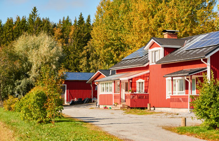 Traditional wooden house or farm near the forest. Sunny day. Early autumn in Finland. Idyllic rural scene, country landscape. Nature, remote places, village, farming, harvesting, ecotourism themesの写真素材
