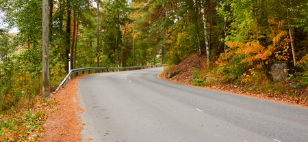 Empty asphalt road (highway) through the forest. Sharp turn. Concept autumn landscape. Transportation, dangerous driving, speed, freedom, travel, tourism, the way forward themesの写真素材