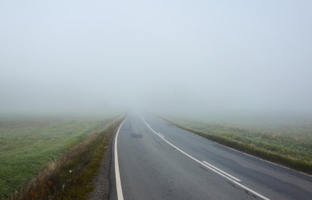 Empty asphalt road (highway) through the fields and forest. Thick fog. Concept autumn landscape. Transportation, dangerous driving, speed, freedom, travel, tourism, the way forward themesの写真素材