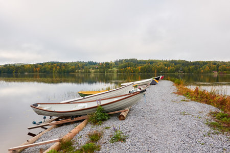 Small fishing rowing boats moored to a pier in a camping site. Colorful boats for rent. Forest in the background. Finland. Nature, vacations, recreation, ecotourism, lifestyle conceptsの写真素材