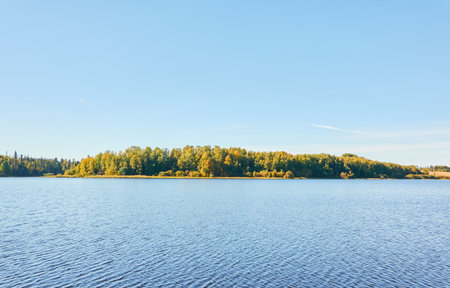 Forest lake on a sunny day. Finland. Scandinavia, Europe. Clear sky, glowing clouds. Autumn landscape. Nature, seasons, ecotourism, peace and harmony conceptsの写真素材