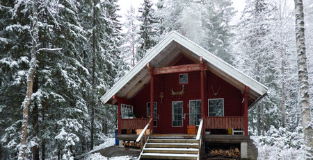 Traditional wooden house colored with falu red dye. First snow in autumn. Early winter. Evergreen forest, mighty pine and spruce trees. Finland. Nature, ecology, eco tourismの写真素材