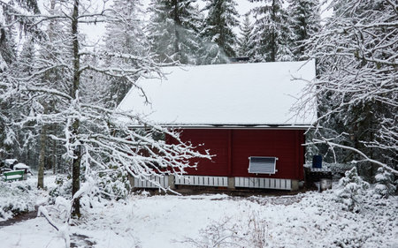 Traditional wooden house colored with falu red dye, solar panel. First snow in autumn. Early winter. Evergreen forest, mighty pine and spruce trees. Finland. Alternative energy, ecology, eco tourismの写真素材