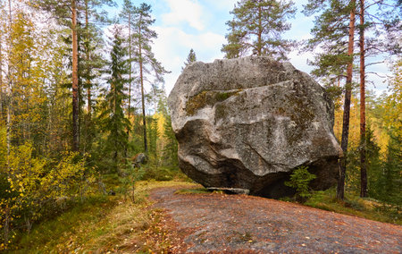 Rural road through the evergreen pine forest. Mighty stone (KorpijÃ¤rven Siirtolohkare), local landmark. Atmospheric autumn landscape. Finland. Nature, ecology, ecotourism themesの写真素材