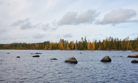 Panoramic view of the rocky forest lake shore on a sunny day. Autumn landscape. Finland, Finnish nature. Ecology, fresh air, ecotourism themesの写真素材