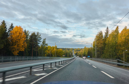 Asphalt road (highway) through the forest. Concept autumn landscape. Transportation, trucking, logistics, freedom, travel, tourism, wanderlust, the way forward themesの写真素材